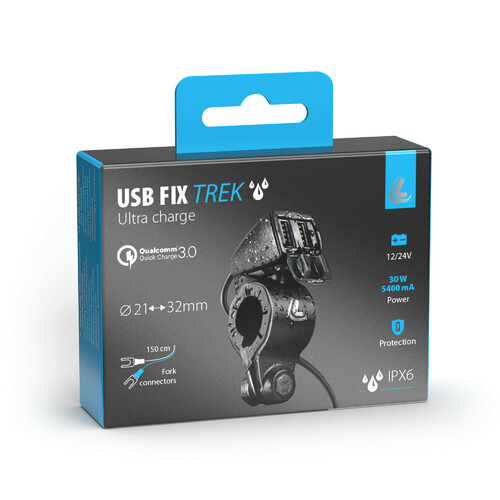 Usb-Fix Trek, doppio caricatore usb resistente all’acqua, fissaggio a manubrio - Ultra Fast Charge - 5400 mA - 12/24V - immagine 9